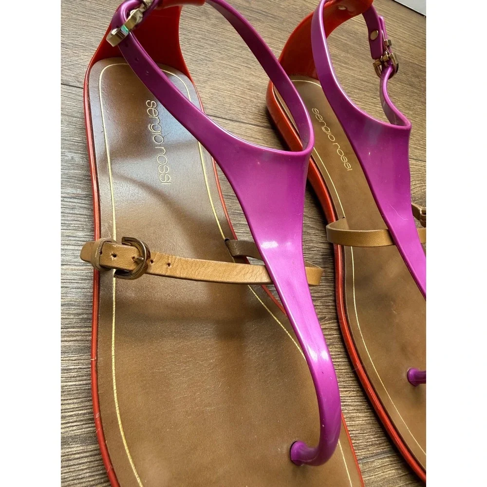 Sergio Rossi Jelly Sandals Purple Orange T-Strap Flat Made in Italy 38